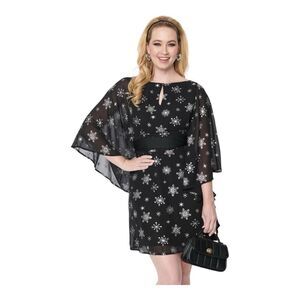 Unique Vintage Smak Parlour Black/Silver Snowflake Holiday Party Dress New M